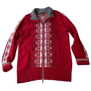 Eddie Bauer Womens Red Fair Isle Full Zip Nordic Snowflake Sweater Mock Neck L